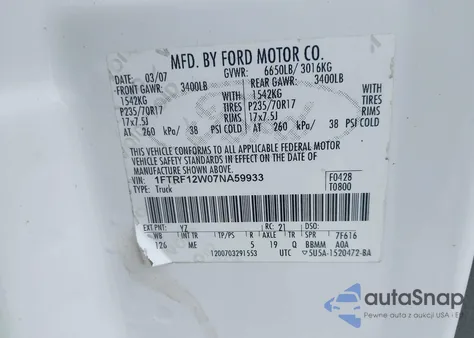 2007 Ford F-150 Stx/Xl/Xlt z USA, uszkodzony, nr VIN 1FTRF12W07NA59933